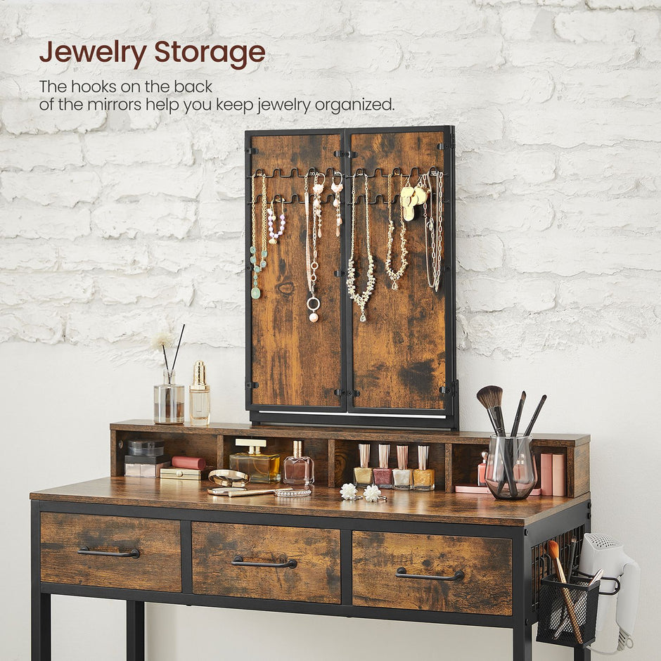 Dressing Table – Wood and Metal – Industrial Style – Tri-Fold Mirror, 3 Drawers, Hair Dryer Holder