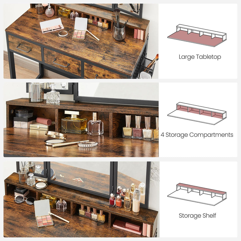 Dressing Table – Wood and Metal – Industrial Style – Tri-Fold Mirror, 3 Drawers, Hair Dryer Holder