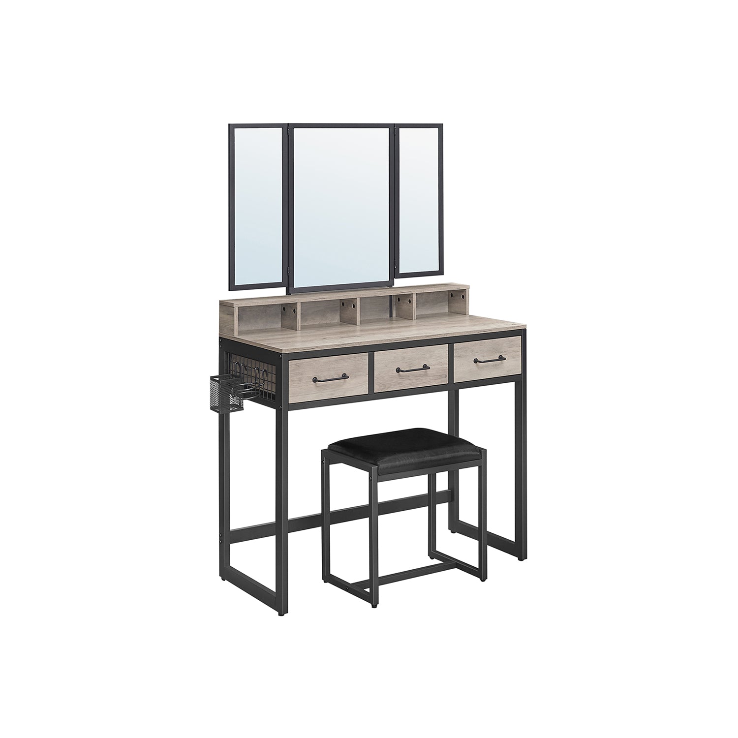 Dressing Table – Wood and Metal – Industrial Style – Tri-Fold Mirror, 3 Drawers, Hair Dryer Holder