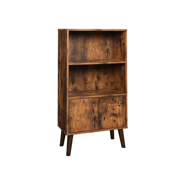 2-Tier Bookcase – Wood – Brown – Mid-Century Modern Design with Doors