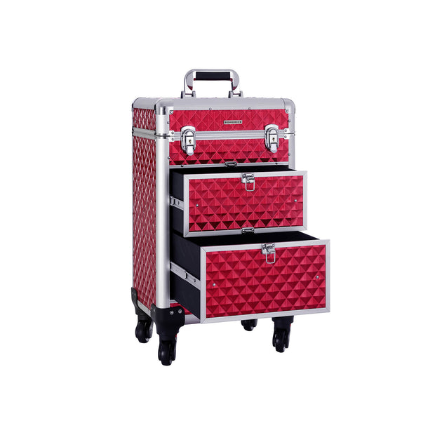 Rolling Trolley Cosmetic Case – ABS – Red – Spacious and Travel-Friendly Design 34 x 27 x 57 cm