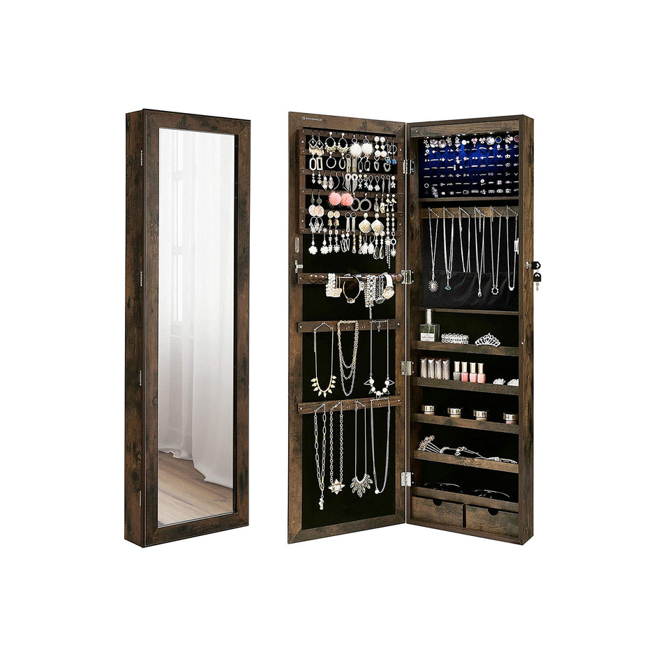 Jewellery Cabinet – Wood – Rustic Brown – Lockable Wall-Mounted with Mirror and Various Compartments