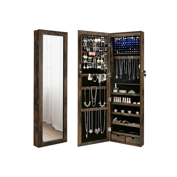 Jewellery Cabinet – Wood – Rustic Brown – Lockable Wall-Mounted with Mirror and Various Compartments