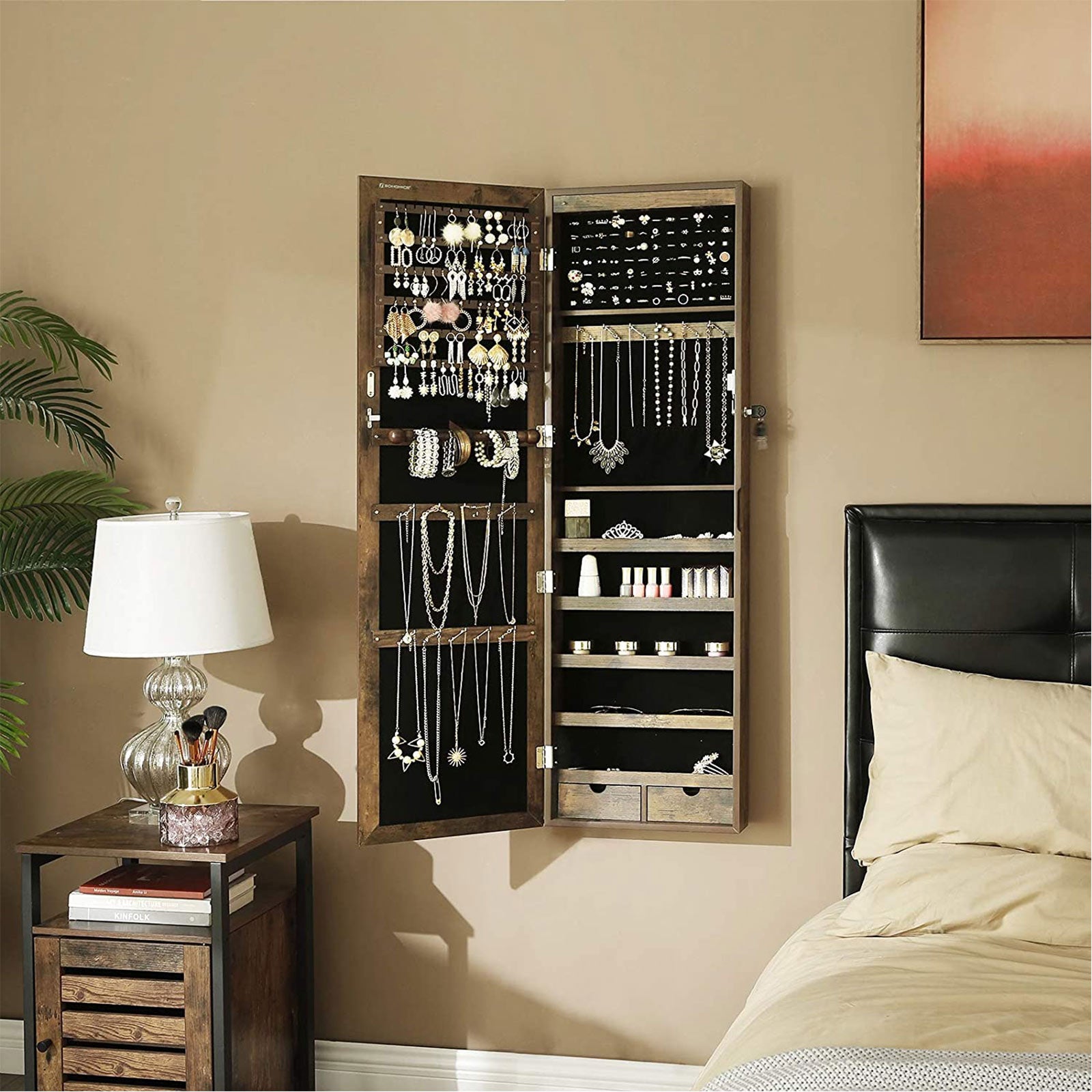 Jewellery Cabinet – Wood – Rustic Brown – Lockable Wall-Mounted with Mirror and Various Compartments