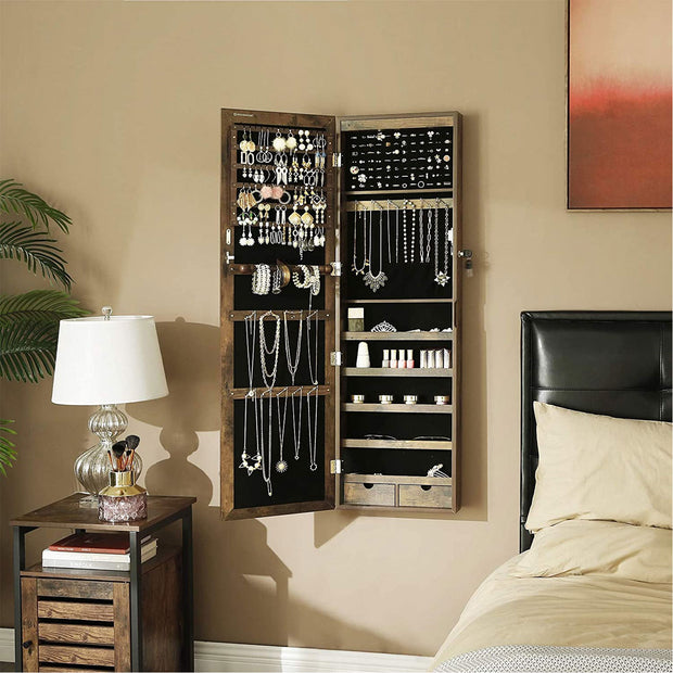 Jewellery Cabinet – Wood – Rustic Brown – Lockable Wall-Mounted with Mirror and Various Compartments