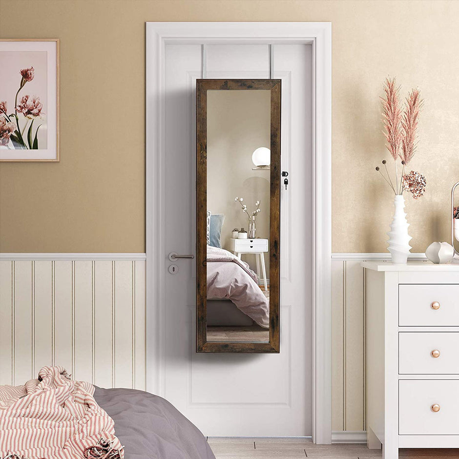 Jewellery Cabinet – Wood – Rustic Brown – Lockable Wall-Mounted with Mirror and Various Compartments