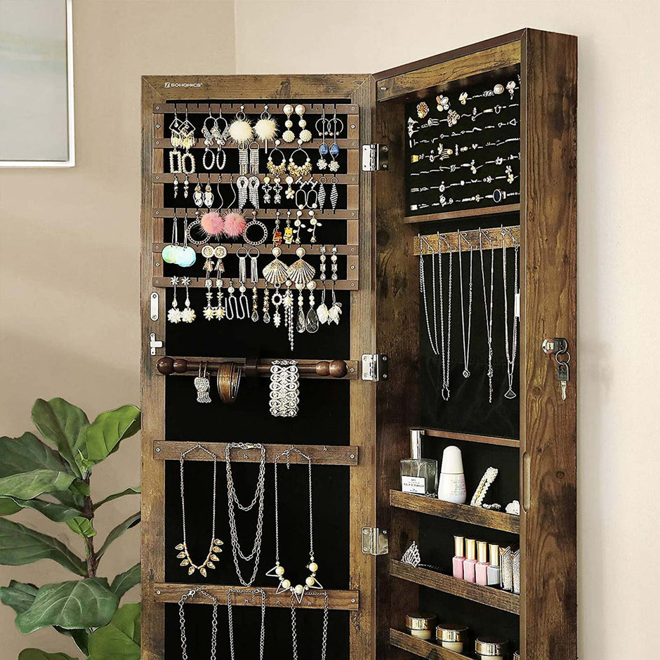 Jewellery Cabinet – Wood – Rustic Brown – Lockable Wall-Mounted with Mirror and Various Compartments