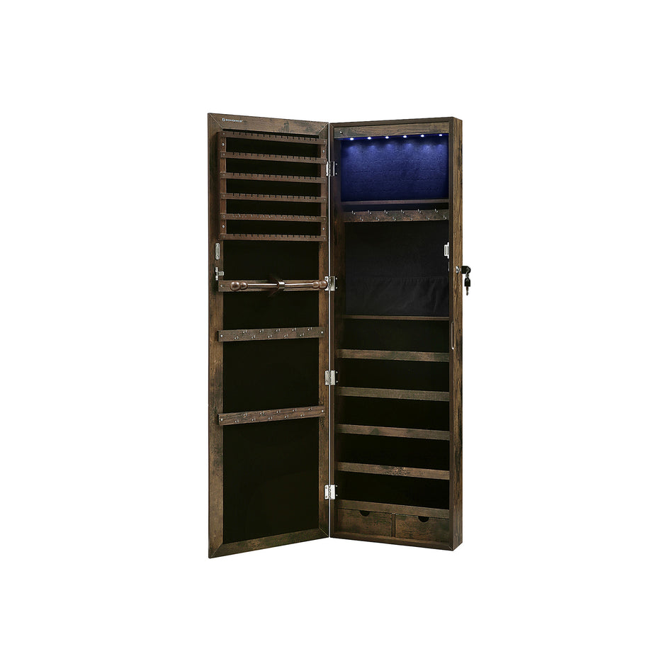 Jewellery Cabinet – Wood – Rustic Brown – Lockable Wall-Mounted with Mirror and Various Compartments