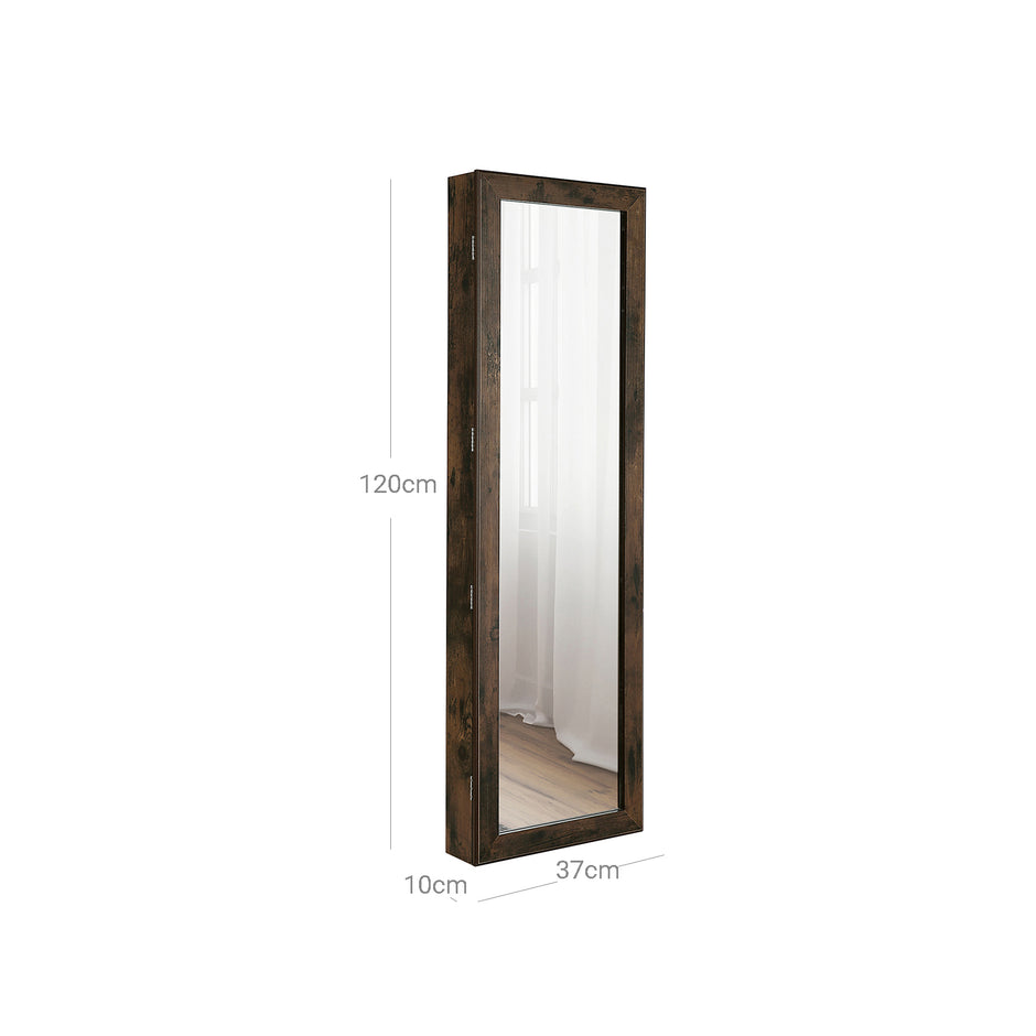 Jewellery Cabinet – Wood – Rustic Brown – Lockable Wall-Mounted with Mirror and Various Compartments