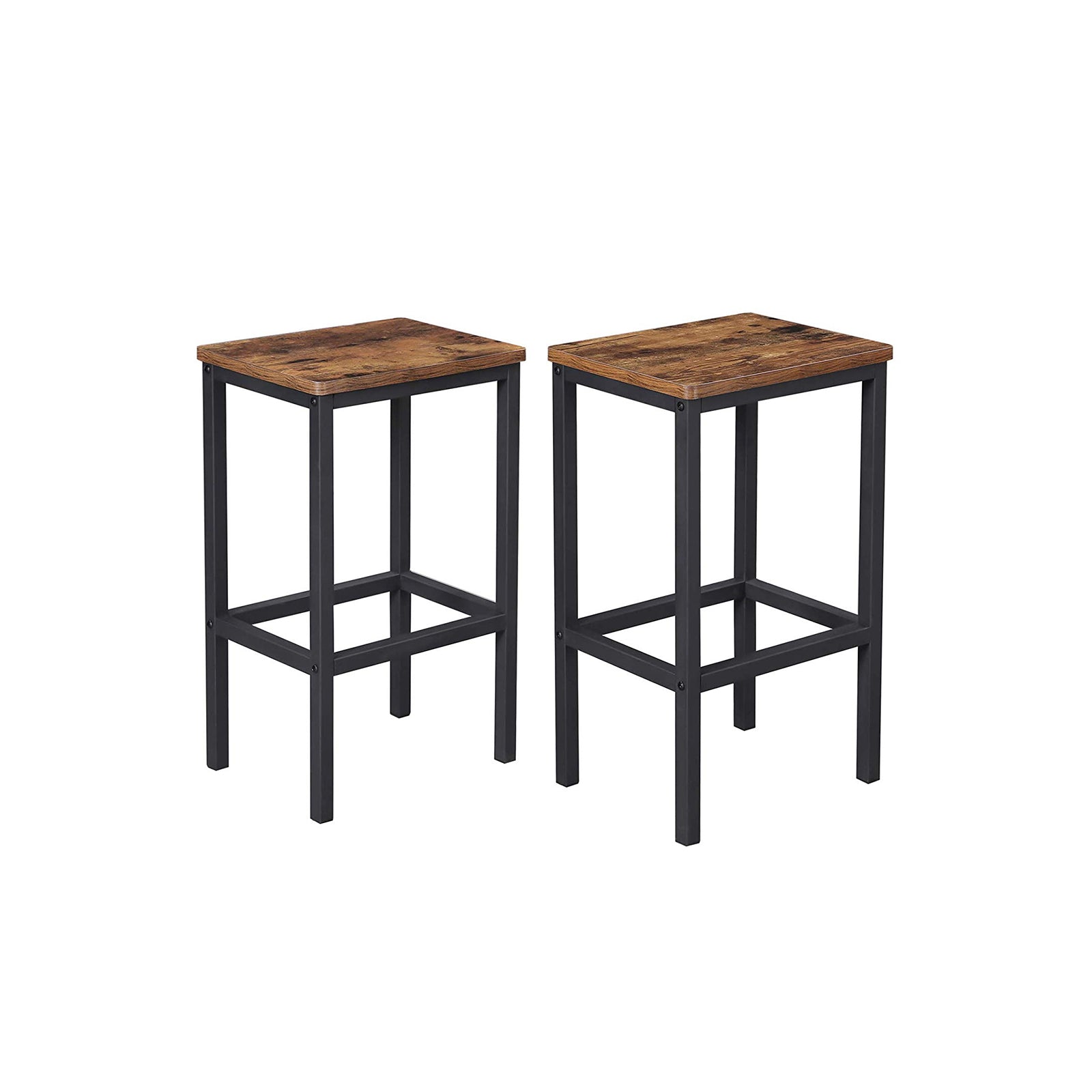 Set of 2 Industrial Bar Stools – Wood and Metal – Rustic Brown – Footrest Included