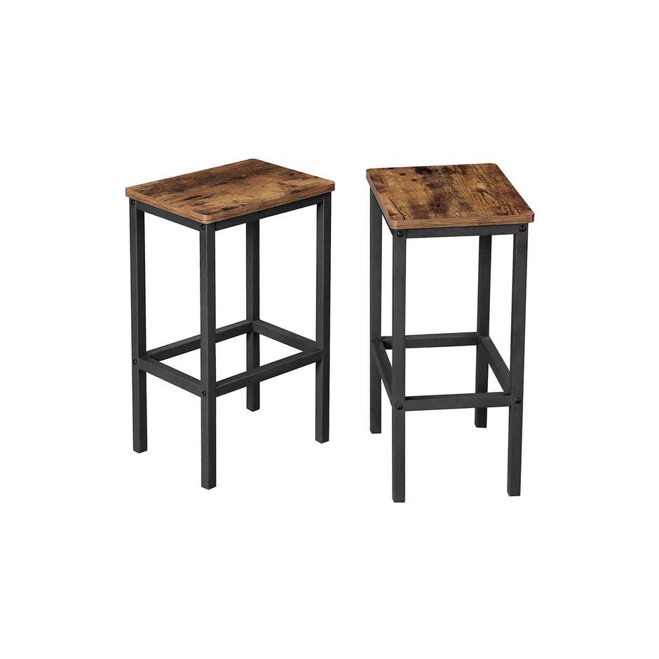 Set of 2 Industrial Bar Stools – Wood and Metal – Rustic Brown – Footrest Included
