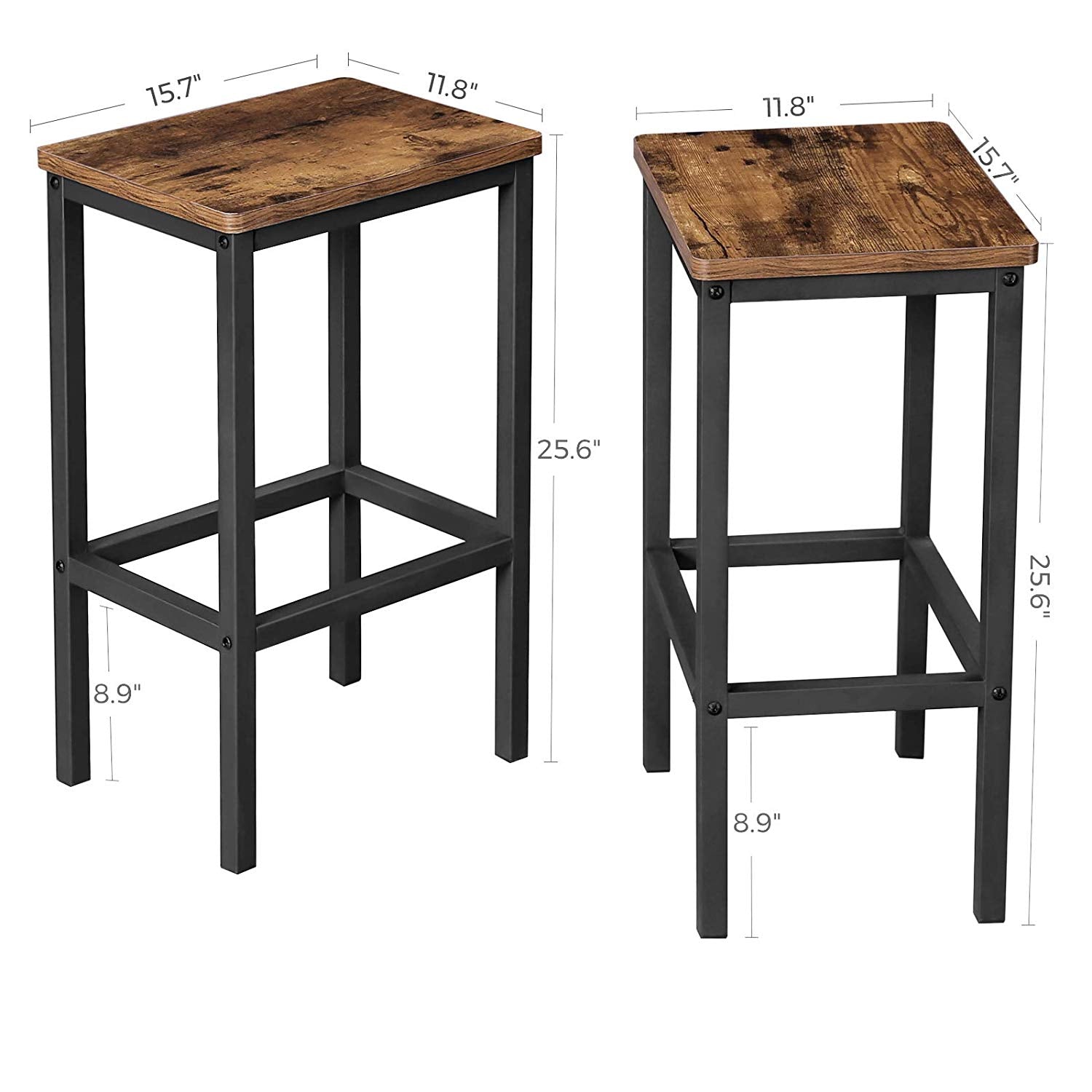 Set of 2 Industrial Bar Stools – Wood and Metal – Rustic Brown – Footrest Included