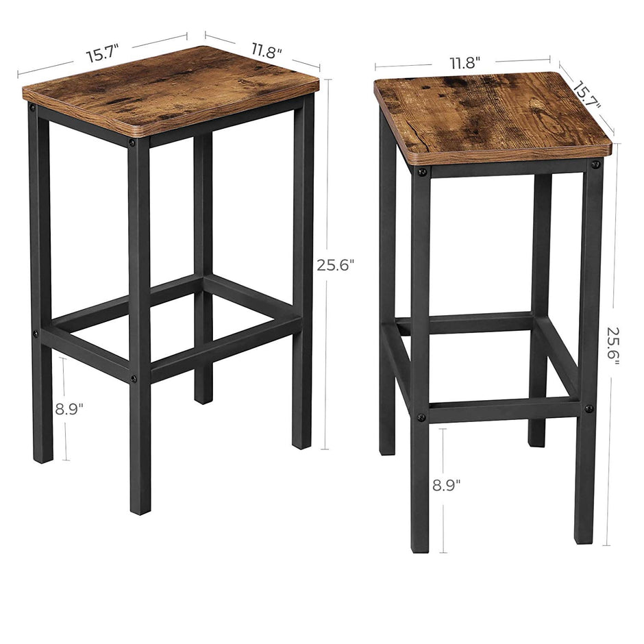 Set of 2 Industrial Bar Stools – Wood and Metal – Rustic Brown – Footrest Included