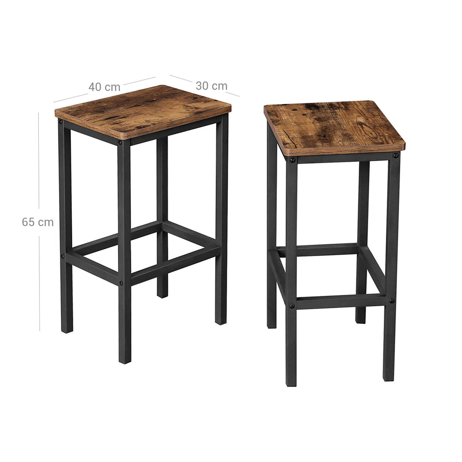 Set of 2 Industrial Bar Stools – Wood and Metal – Rustic Brown – Footrest Included