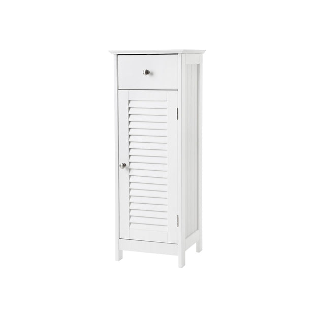 Bathroom Cabinet – Wooden – White – Free Standing with Shutter Door and Drawer