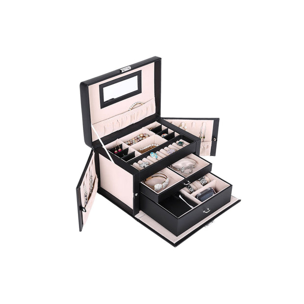 Jewellery Box – Velvet – White – Lockable with Mirror and 2 Drawers
