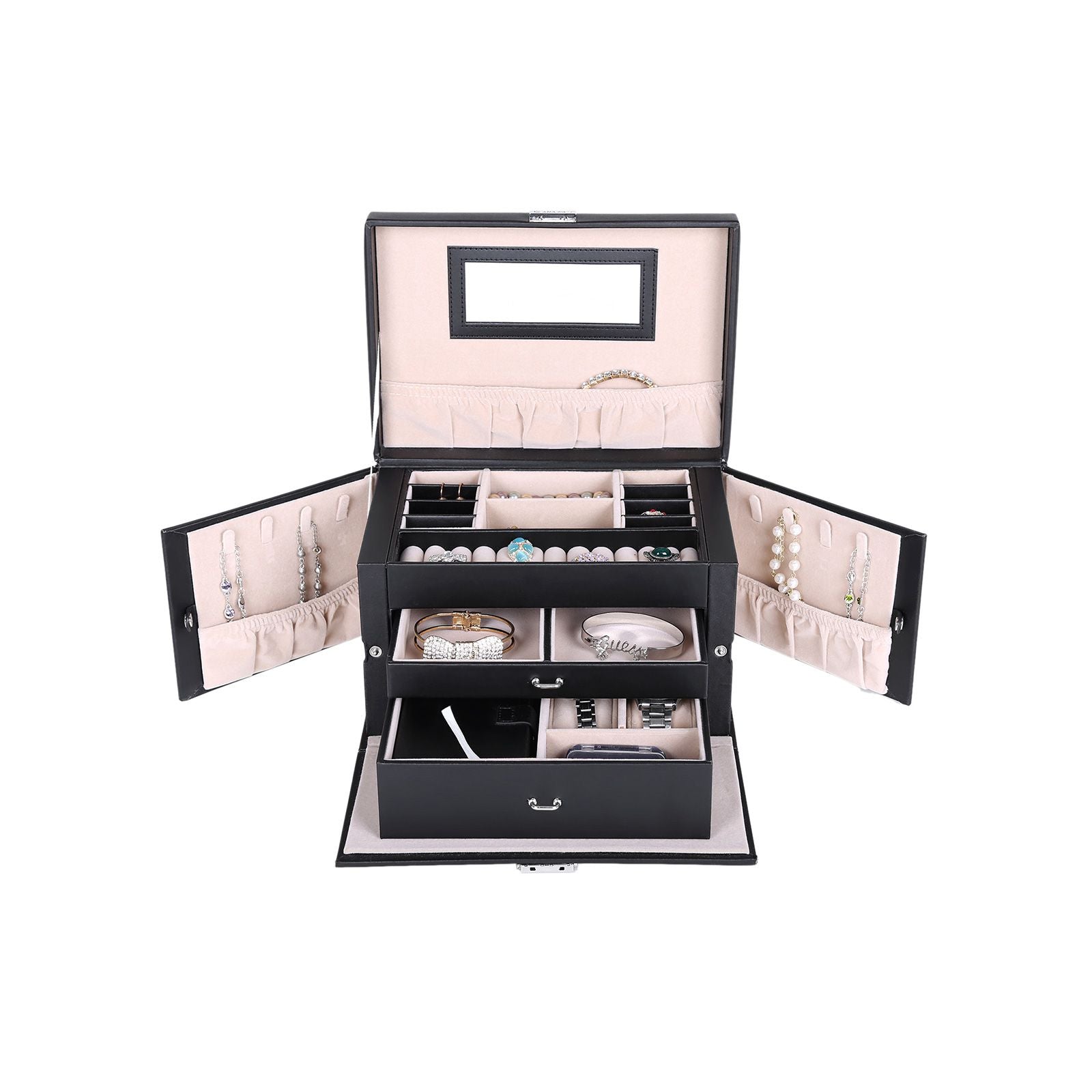 Jewellery Box – Velvet – White – Lockable with Mirror and 2 Drawers