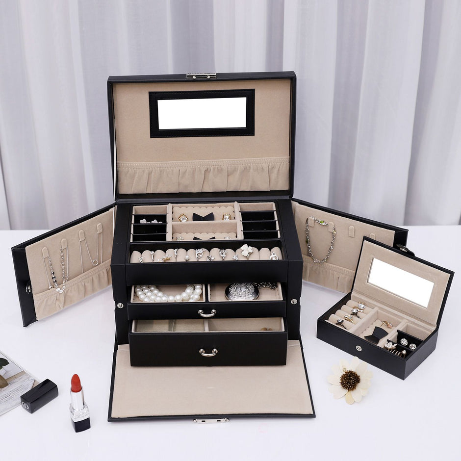 Jewellery Box – Velvet – White – Lockable with Mirror and 2 Drawers