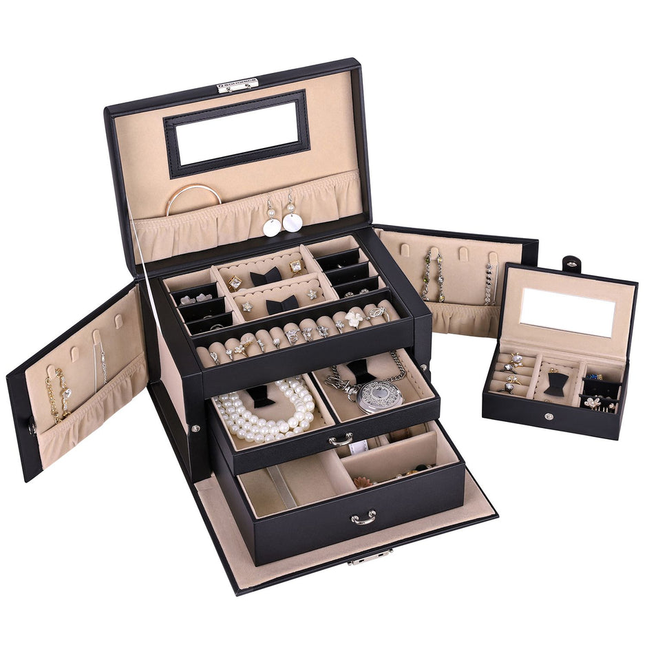 Jewellery Box – Velvet – White – Lockable with Mirror and 2 Drawers