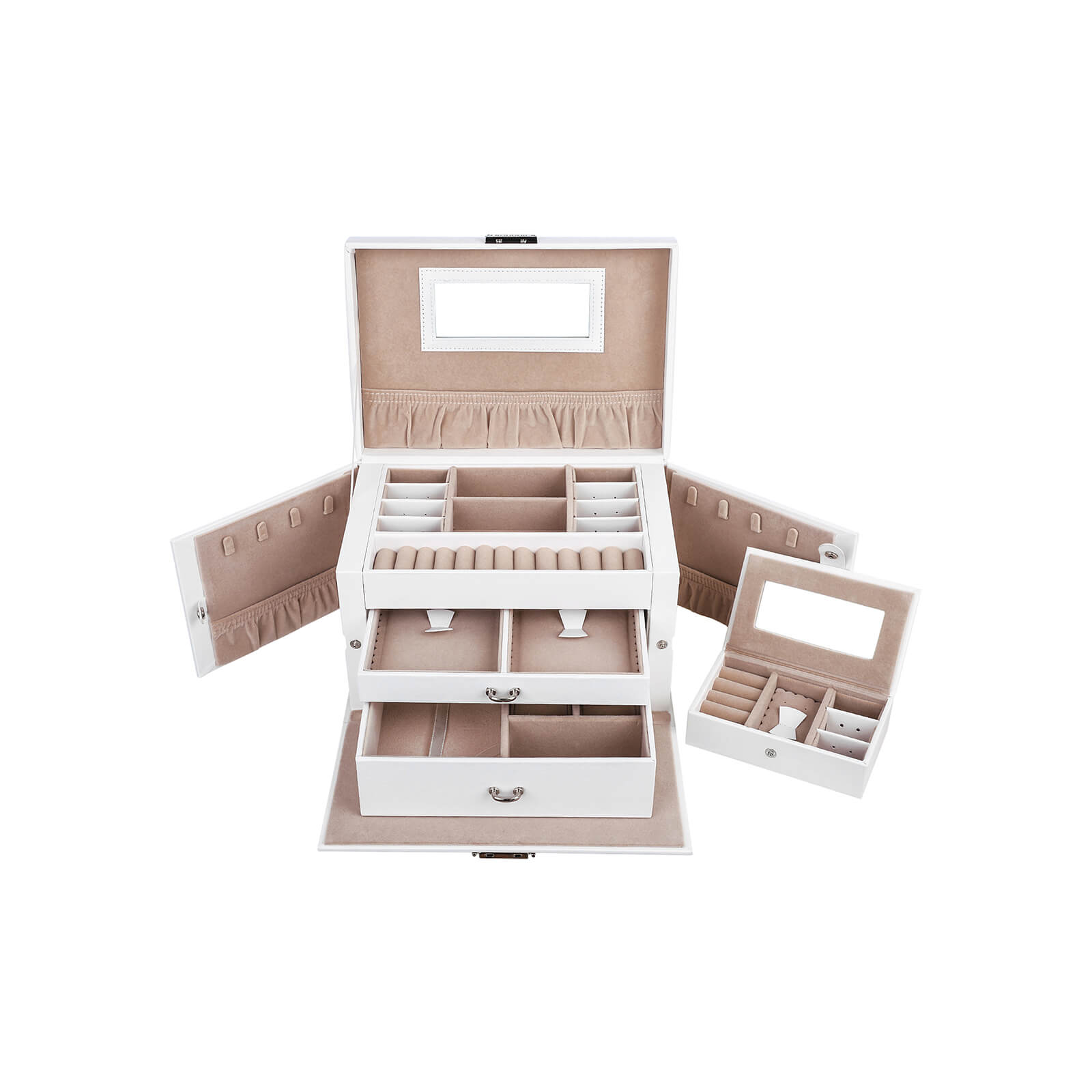 Jewellery Box – Velvet – White – Lockable with Mirror and 2 Drawers