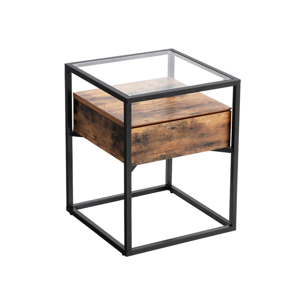Tempered Glass End Table – Iron – Rustic – With Drawer and Shelf
