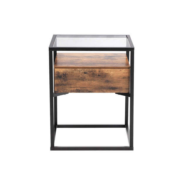 Tempered Glass End Table – Iron – Rustic – With Drawer and Shelf