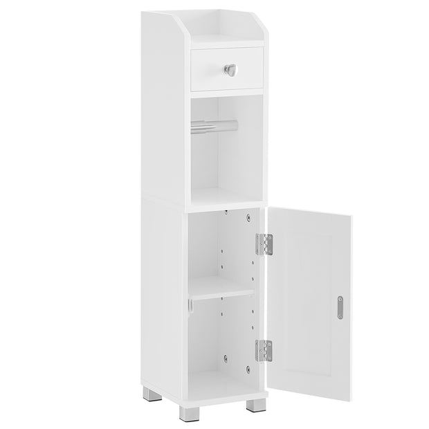 Small Bathroom Storage Cabinet – Wood – White – Adjustable Shelf with Toilet Paper Holder
