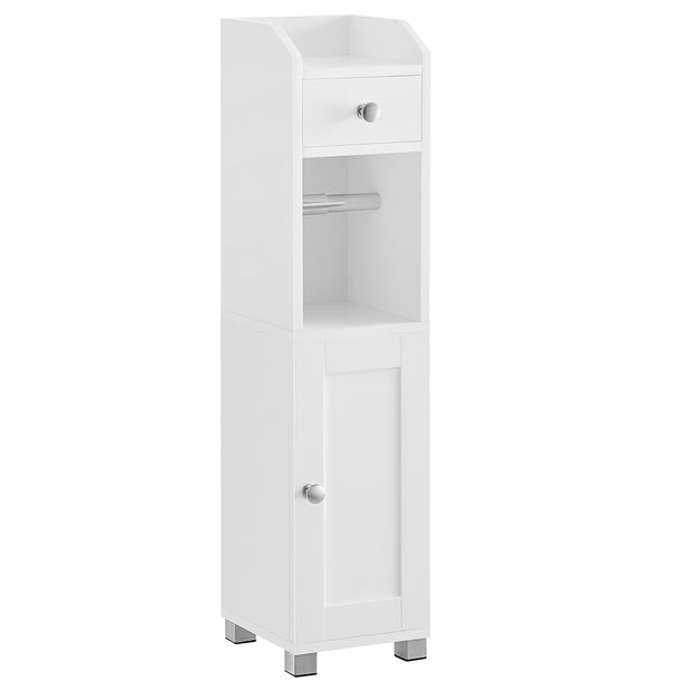 Small Bathroom Storage Cabinet – Wood – White – Adjustable Shelf with Toilet Paper Holder