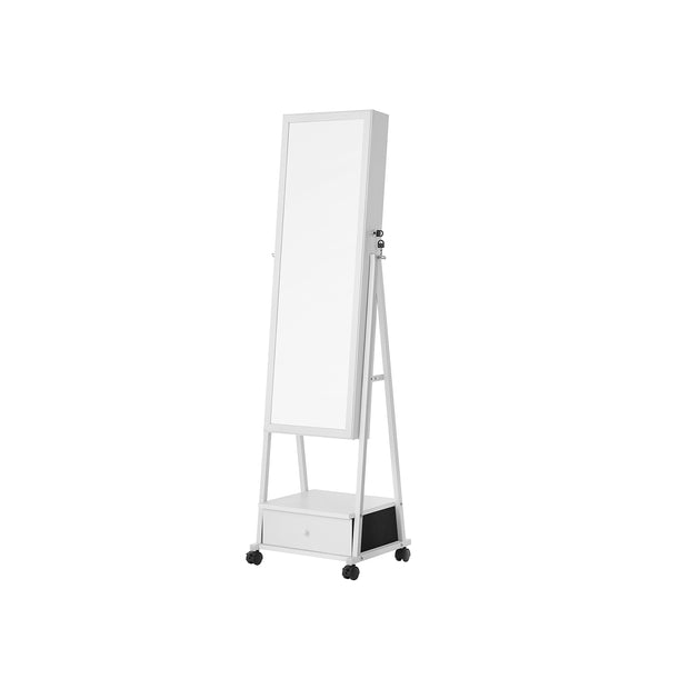 Movable Jewellery Armoire – Wood – White – Full Length Mirror with Lockable Design and Drawer