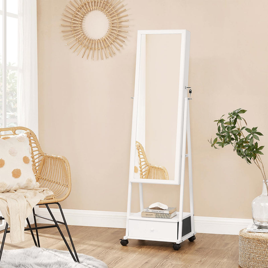 Movable Jewellery Armoire – Wood – White – Full Length Mirror with Lockable Design and Drawer