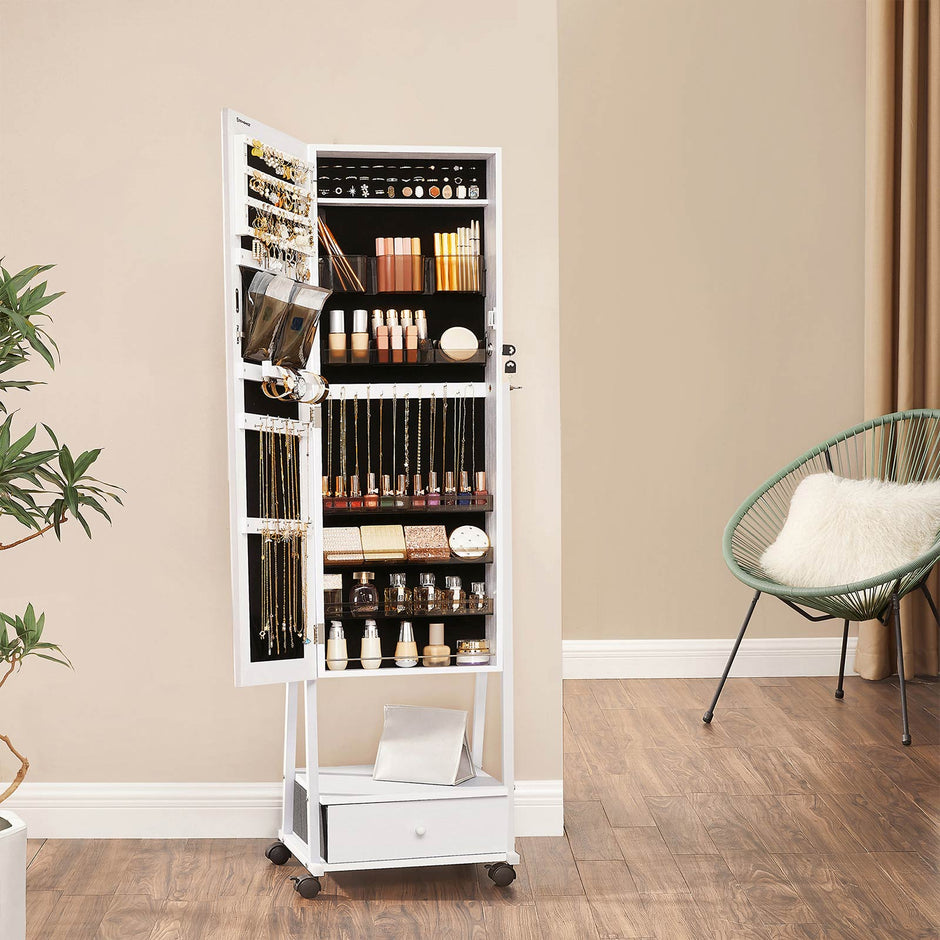Movable Jewellery Armoire – Wood – White – Full Length Mirror with Lockable Design and Drawer