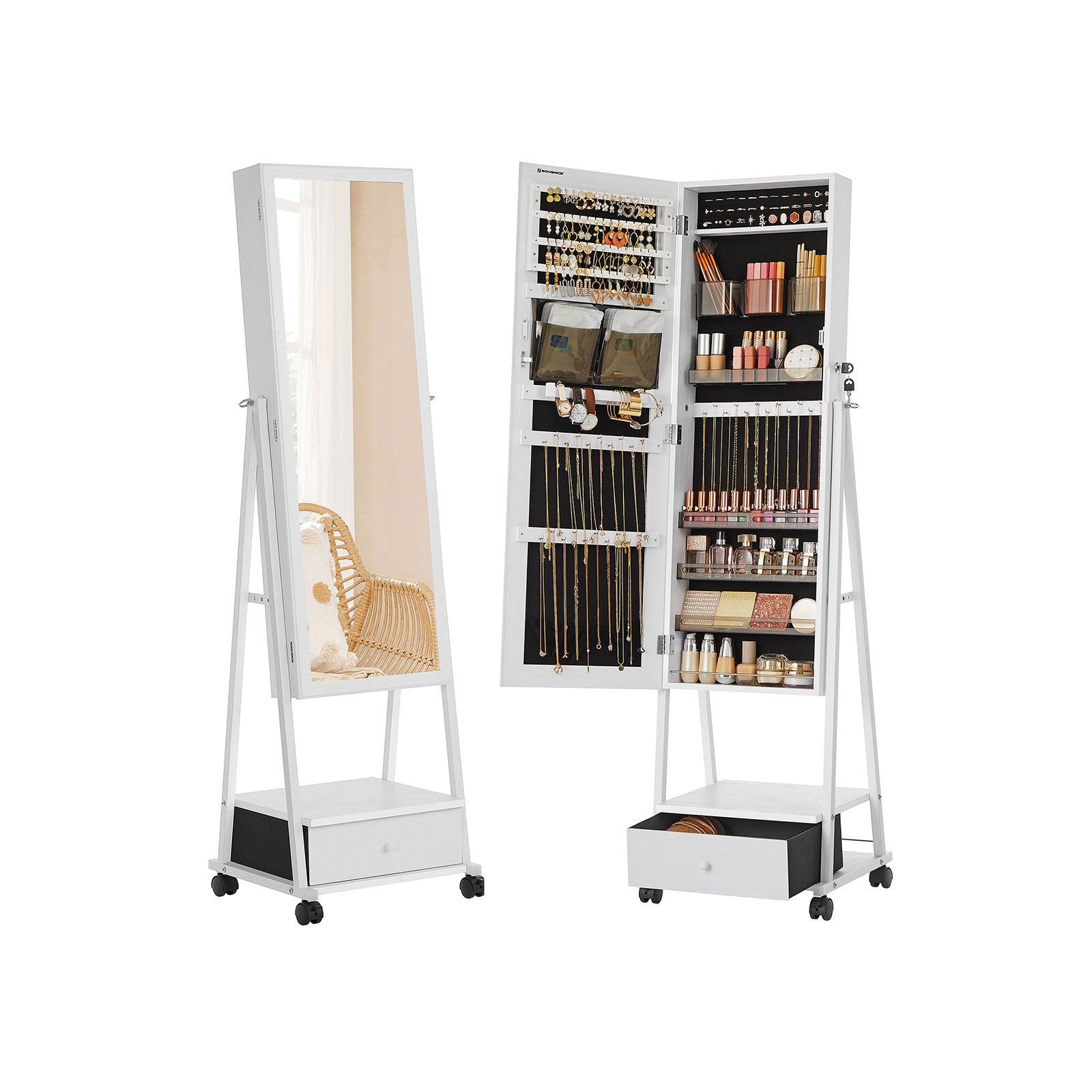Movable Jewellery Armoire – Wood – White – Full Length Mirror with Lockable Design and Drawer