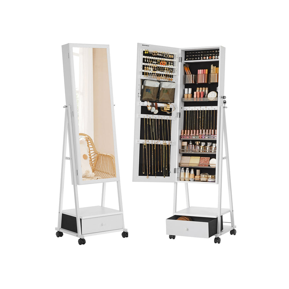 Movable Jewellery Armoire – Wood – White – Full Length Mirror with Lockable Design and Drawer