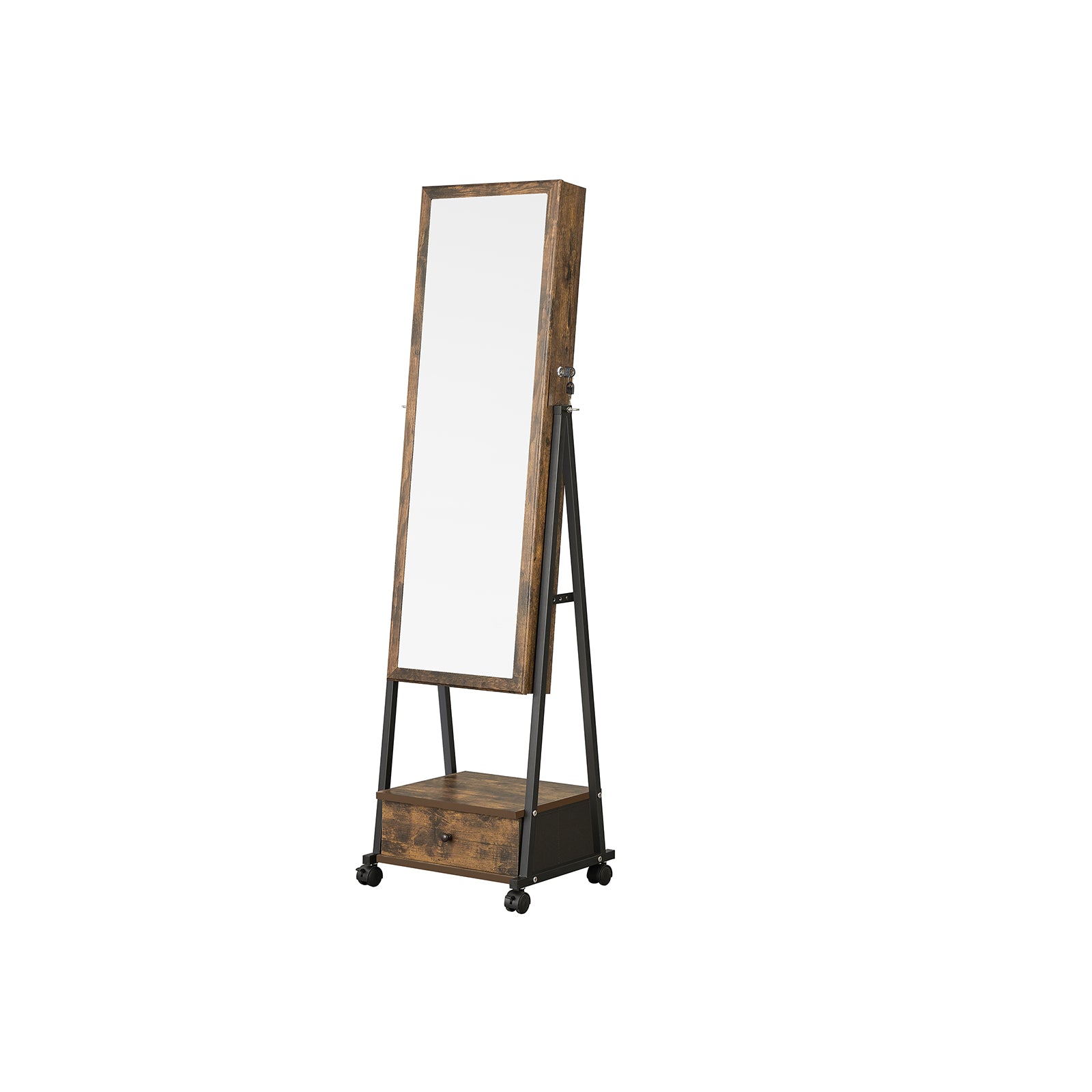 Movable Jewellery Armoire – Wood – White – Full Length Mirror with Lockable Design and Drawer