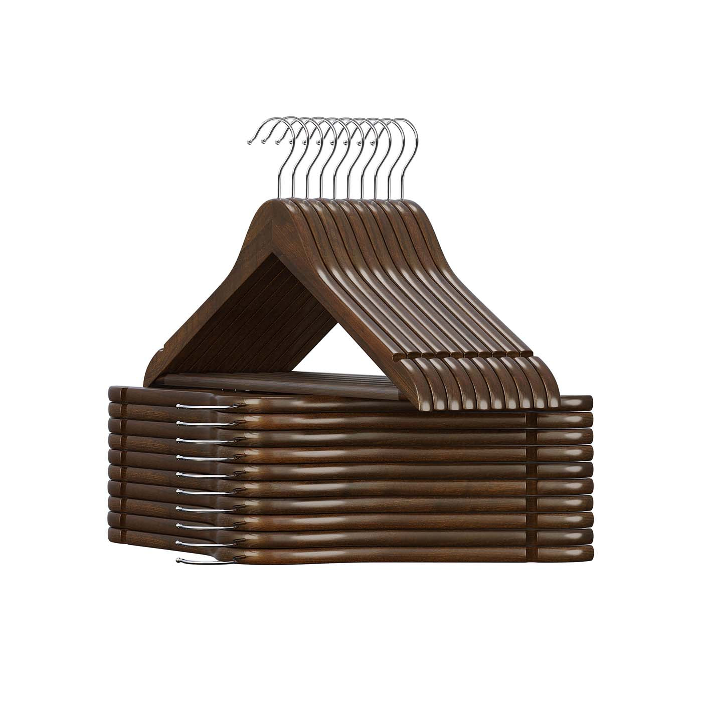 Solid Wood Hangers – Maple – Dark Walnut – 20-Pack with Shoulder Notches and Trousers Bar