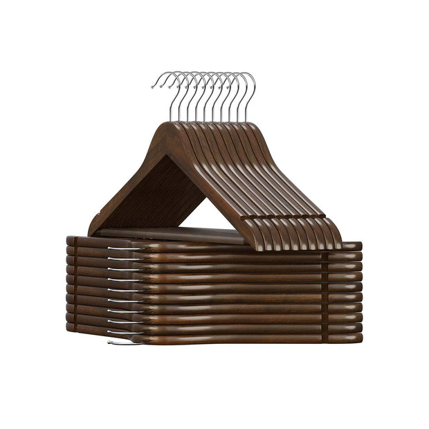 Solid Wood Hangers – Maple – Dark Walnut – 20-Pack with Shoulder Notches and Trousers Bar