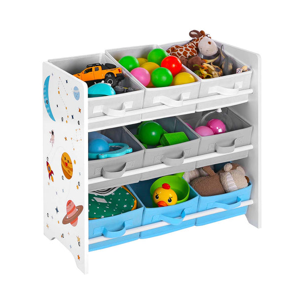 Toy Storage Shelf – Wood – White – Includes 9 Removable Non-Woven Fabric Boxes