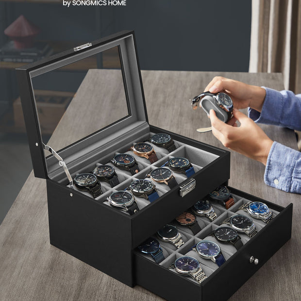 Watch Box – PU – Black – 24 Slot Large Storage Display Case with Glass Lid and Velvet Lining