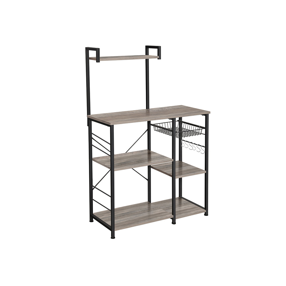 Baker's Rack – Metal and Wood – Greige and Black – Microwave Stand with Shelves and S-Hooks