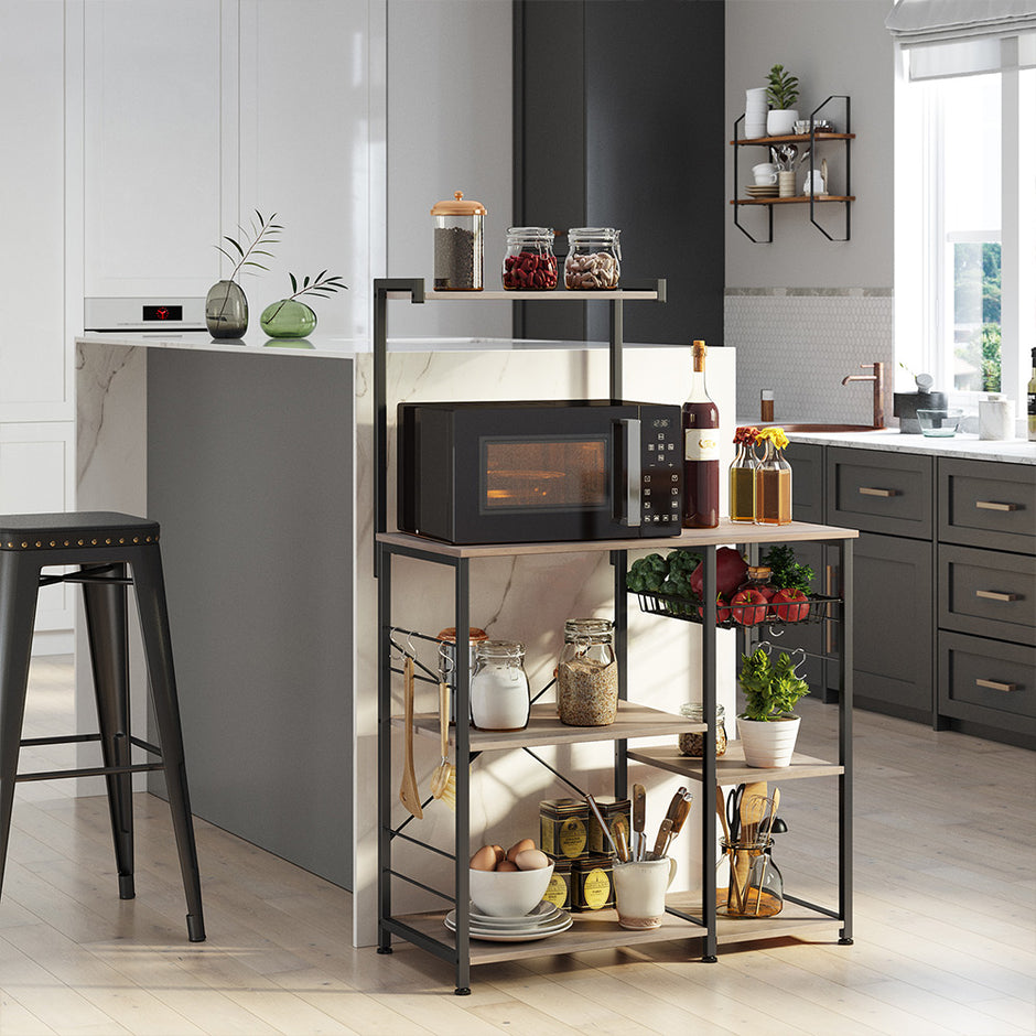 Baker's Rack – Metal and Wood – Greige and Black – Microwave Stand with Shelves and S-Hooks