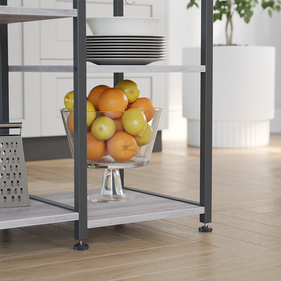 Baker's Rack – Metal and Wood – Greige and Black – Microwave Stand with Shelves and S-Hooks