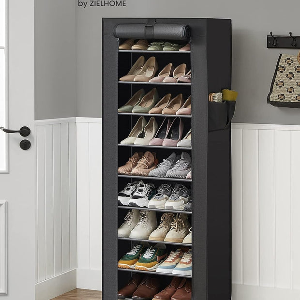 10-Tier Shoe Rack – Fabric – Black – Dustproof Cover, Holds up to 40 Pairs