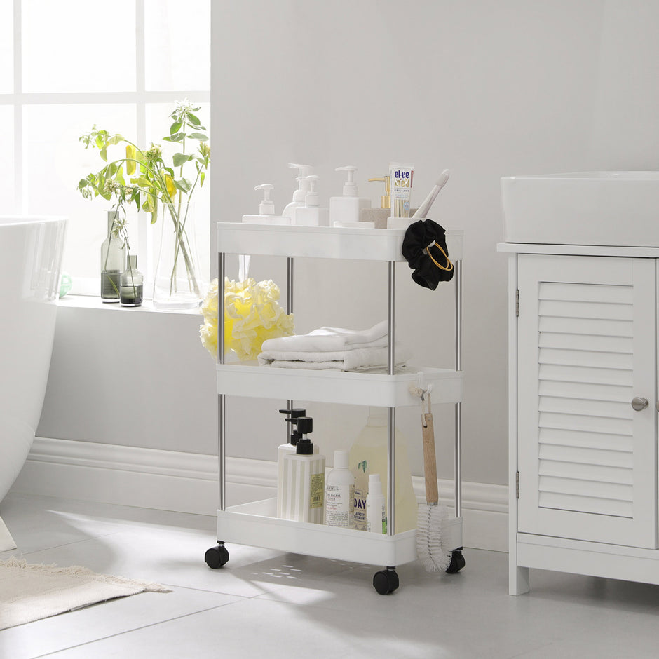 Storage Trolley – Metal – White – Rolling with 3 Baskets