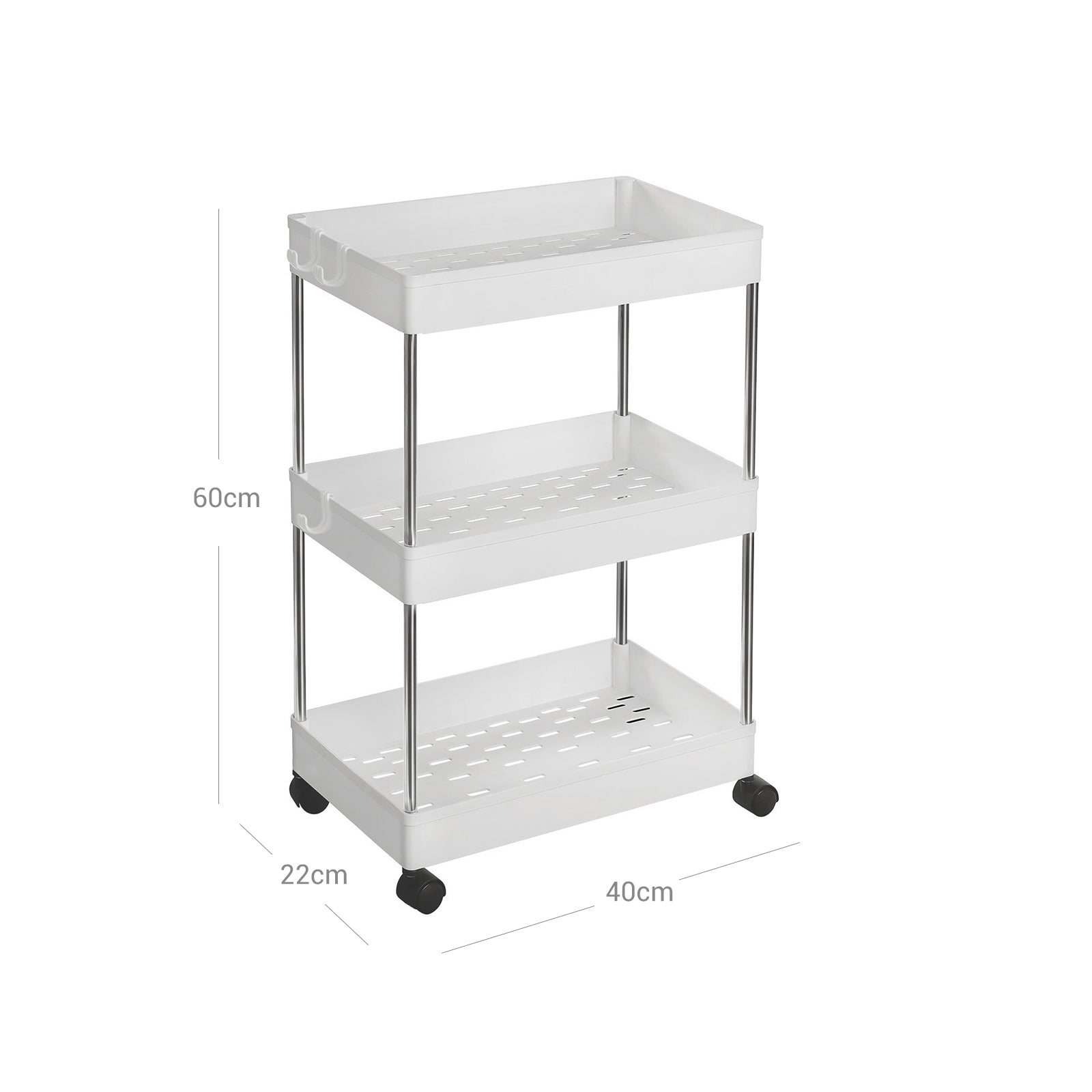 Storage Trolley – Metal – White – Rolling with 3 Baskets