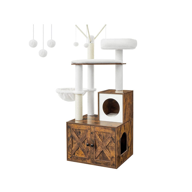 Cat Tree – Engineered Wood – Cloud White – 2-in-1 Design with Litter Box Enclosure and Scratching Posts