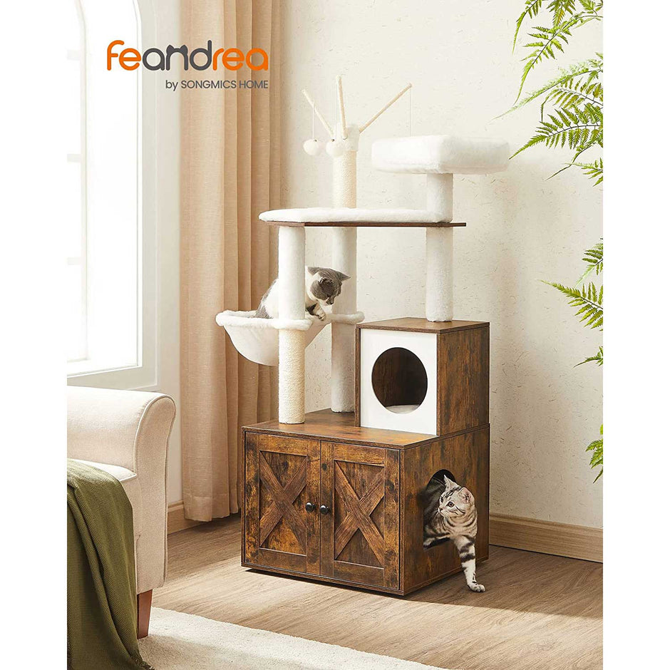 Cat Tree – Engineered Wood – Cloud White – 2-in-1 Design with Litter Box Enclosure and Scratching Posts