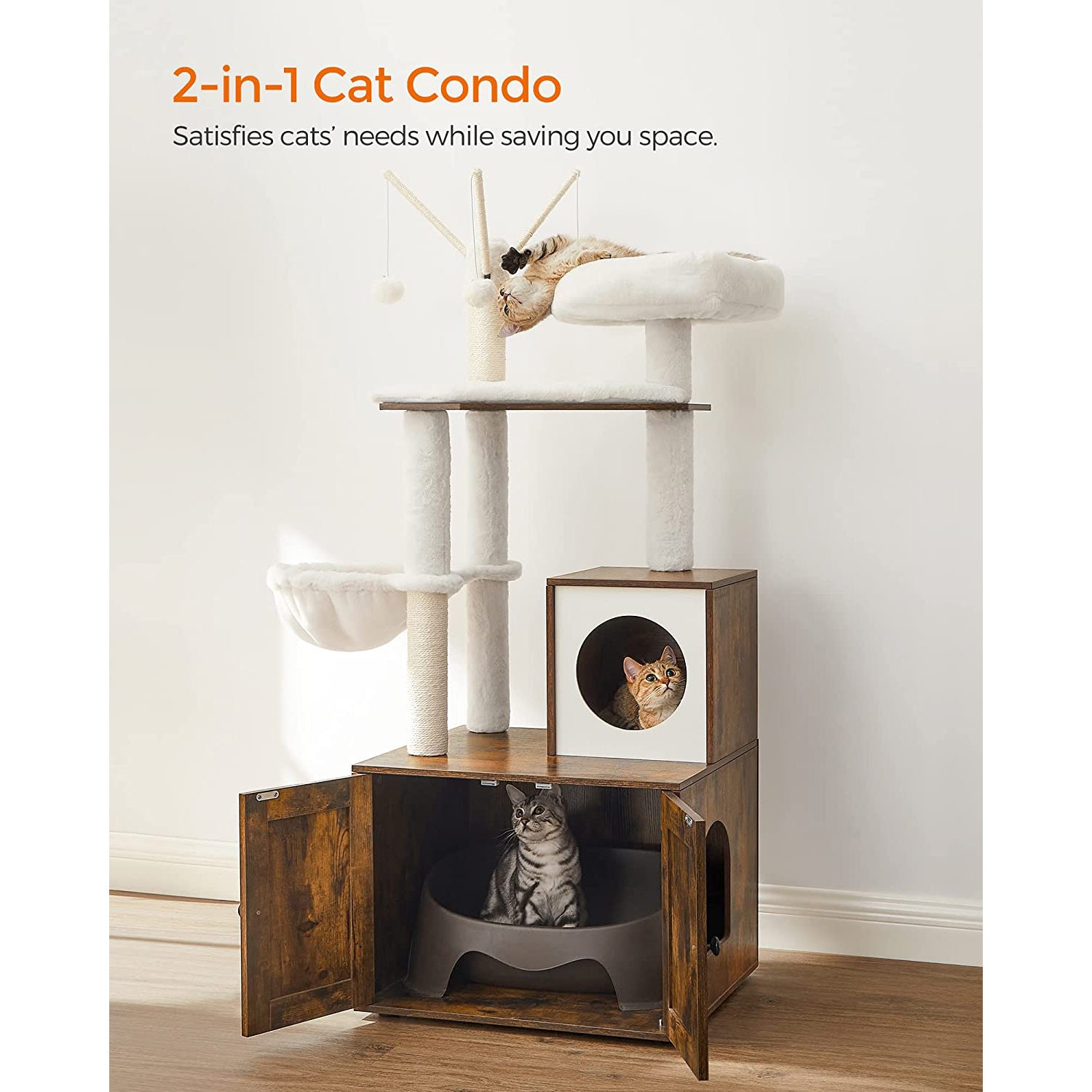Cat Tree – Engineered Wood – Cloud White – 2-in-1 Design with Litter Box Enclosure and Scratching Posts