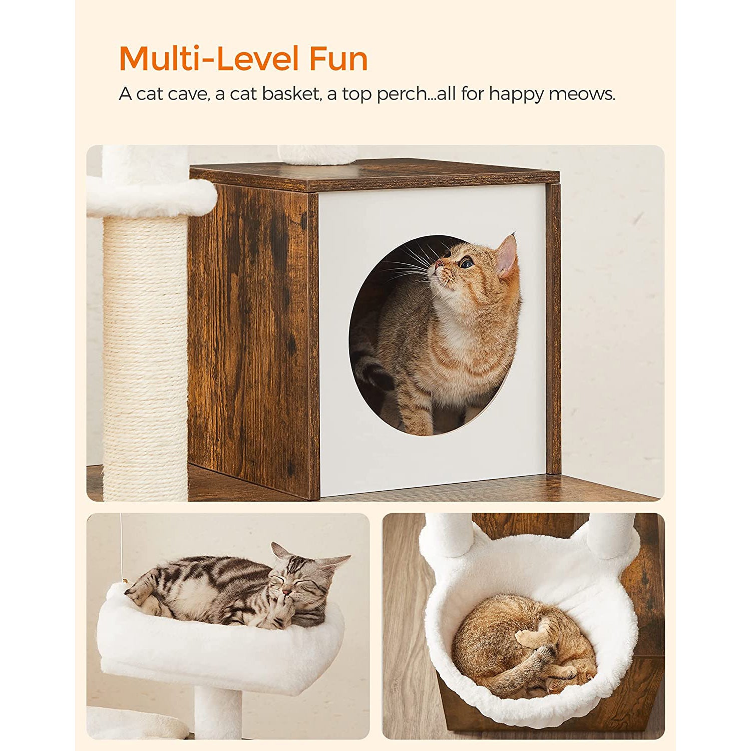 Cat Tree – Engineered Wood – Cloud White – 2-in-1 Design with Litter Box Enclosure and Scratching Posts