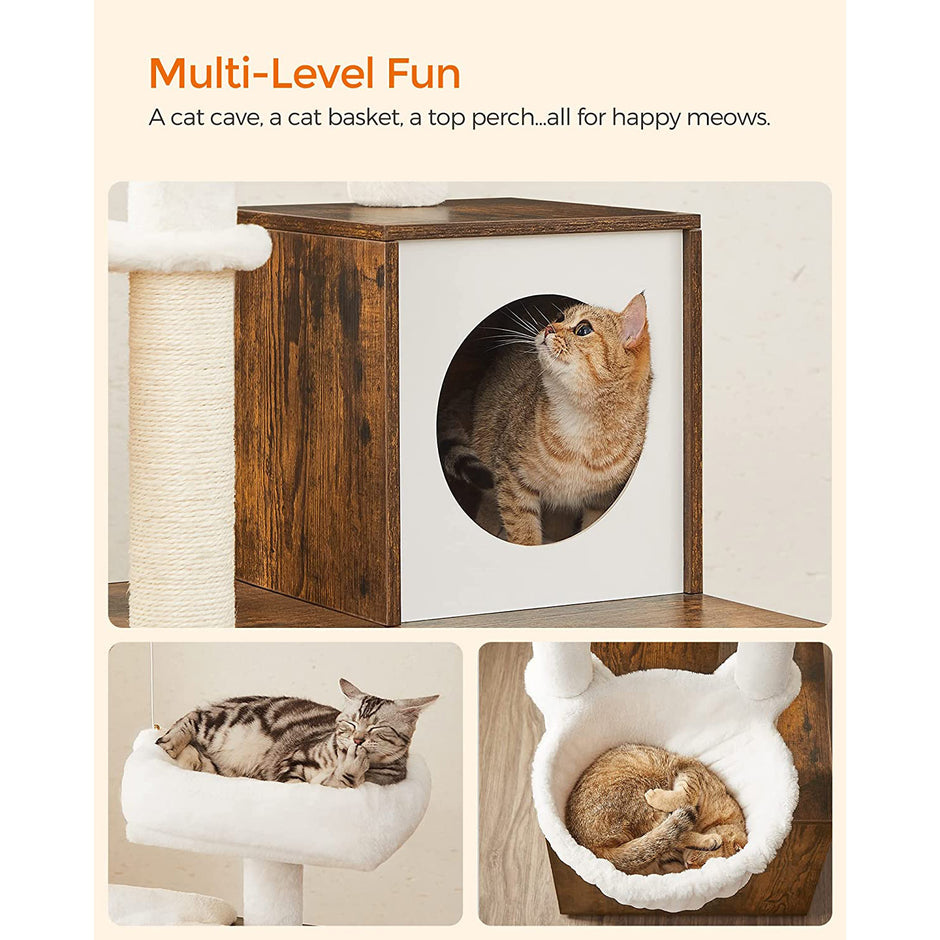 Cat Tree – Engineered Wood – Cloud White – 2-in-1 Design with Litter Box Enclosure and Scratching Posts