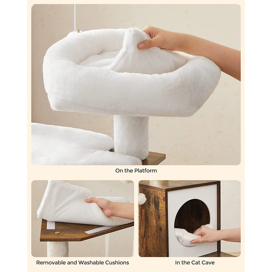 Cat Tree – Engineered Wood – Cloud White – 2-in-1 Design with Litter Box Enclosure and Scratching Posts